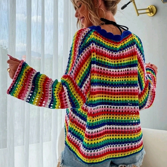 Open Knit Rainbow Stripe Sweater - Picture 2 of 8